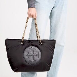 Tory Burch Ella Chain Soft Puffy Large Black Nylon Tote Bag Purse NWT
